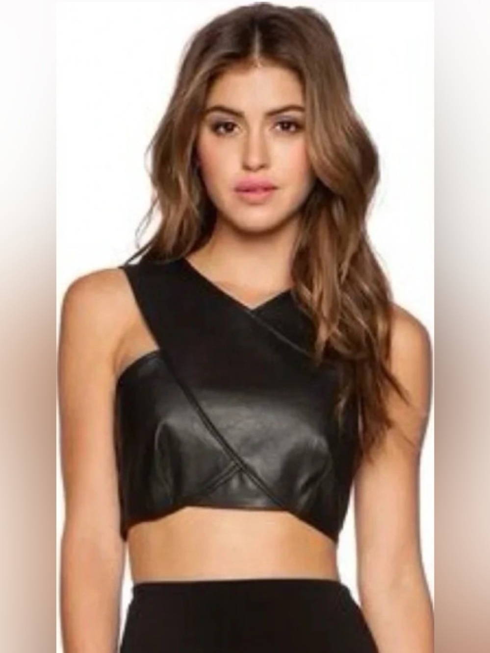 BCBGMaxAzria Black Faux Leather Cross-Front Crop Top